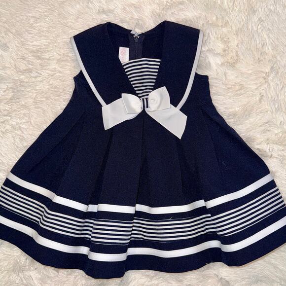 Bonnie Baby Girls Navy Sailor Dress 12M Bow Striped Nautical Holiday Outfit - Picture 1 of 4